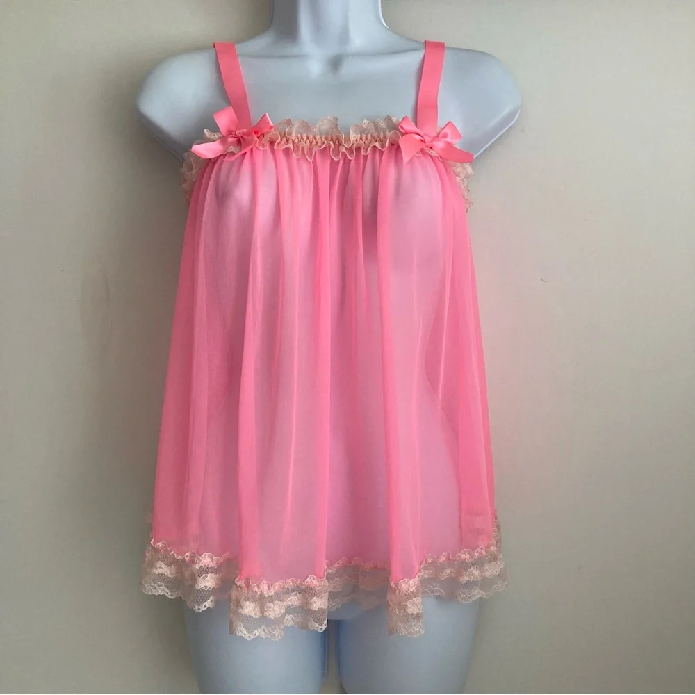 Victoria’s Secret Y2K Bubblegum Pink Sheer Frilly Babydoll Nightie Cami, NWT S